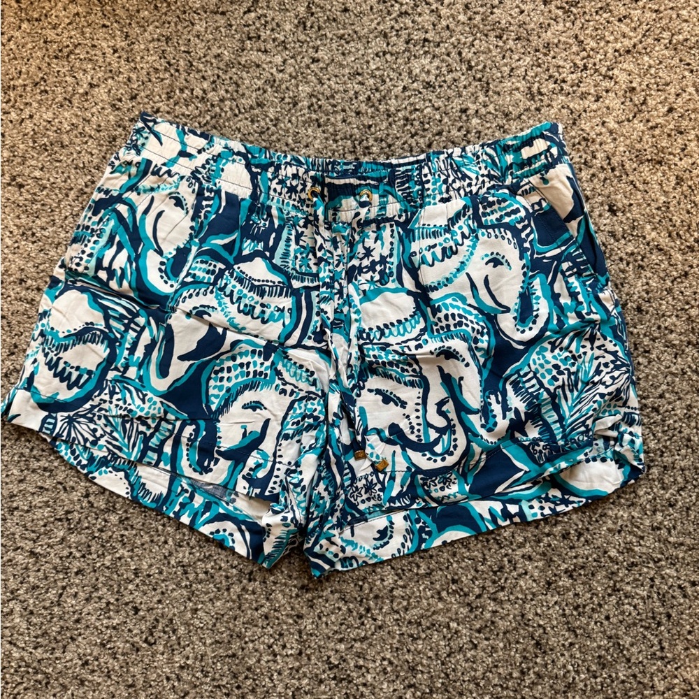 Lilly Pulitzer Katia Keep on Trunkin Blue Elephants Elastic Shorts Medium